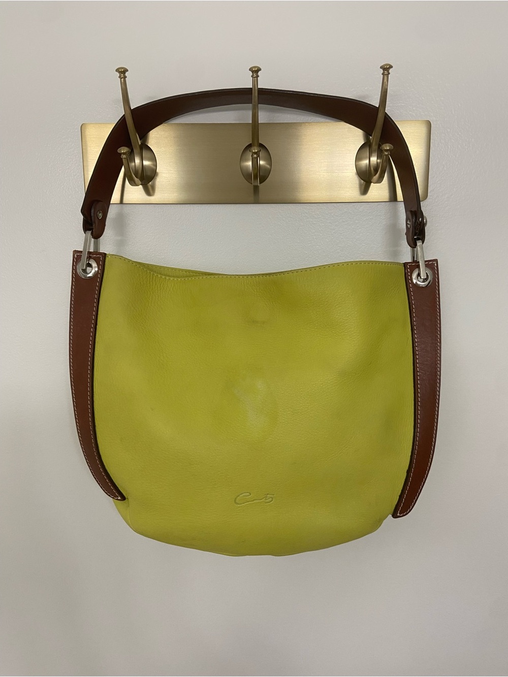 Leather Shoulder Hobo in Lime Green with Brown Trim